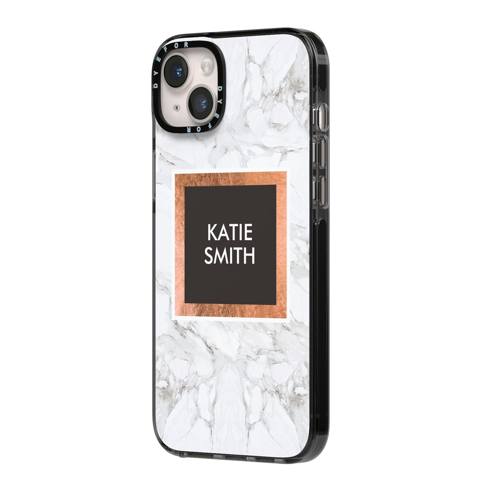 Personalised Marble Name Text Initials iPhone 14 Plus Black Impact Case Side Angle on Silver phone