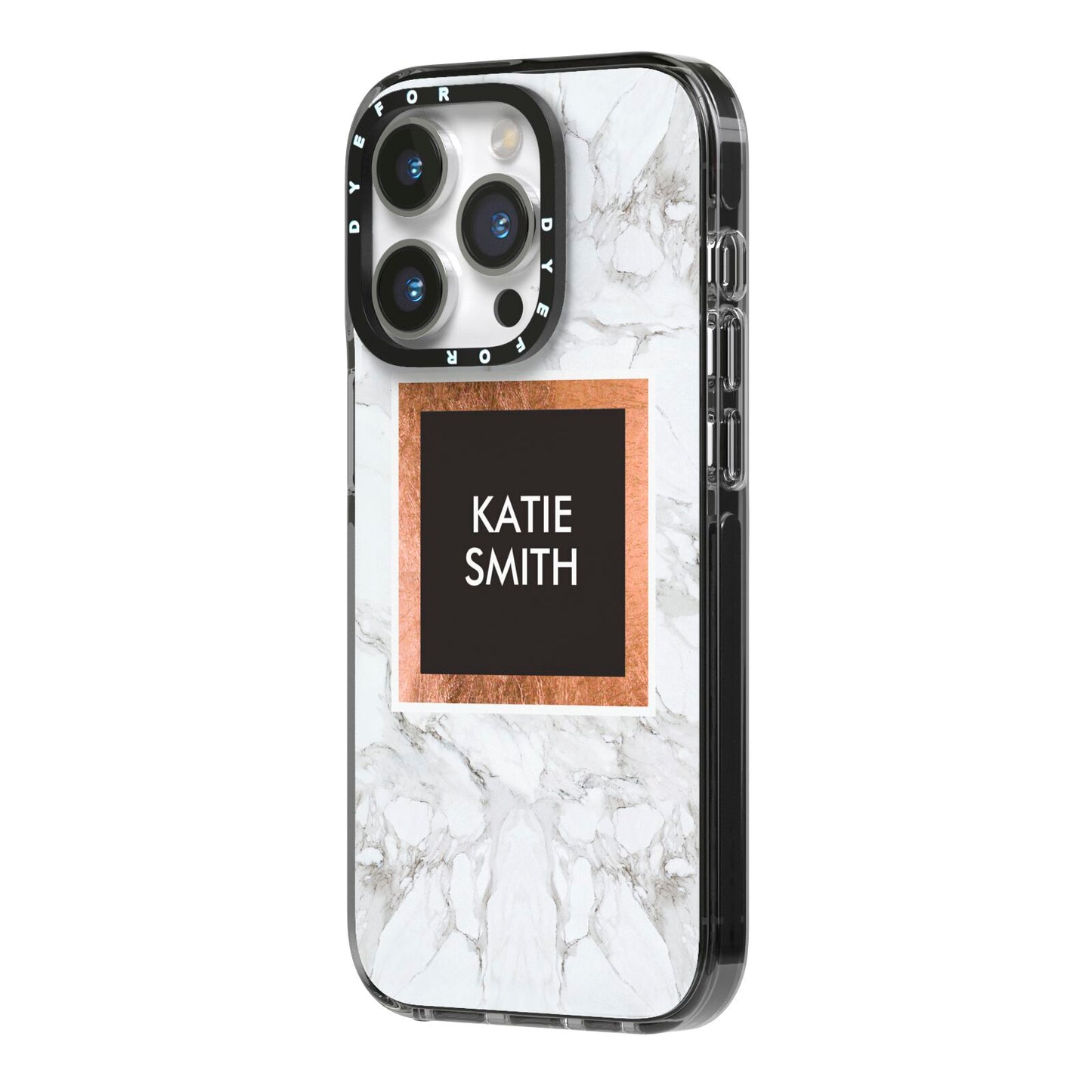 Personalised Marble Name Text Initials iPhone 14 Pro Black Impact Case Side Angle on Silver phone
