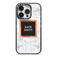 Personalised Marble Name Text Initials iPhone 14 Pro Black Impact Case on Silver phone