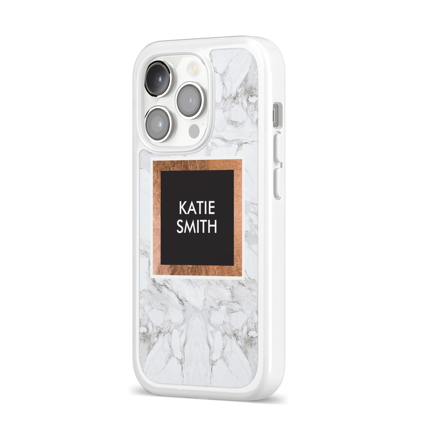 Personalised Marble Name Text Initials iPhone 14 Pro Clear Tough Case Silver Angled Image