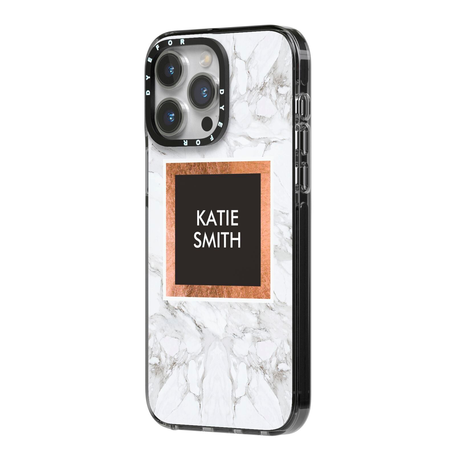 Personalised Marble Name Text Initials iPhone 14 Pro Max Black Impact Case Side Angle on Silver phone
