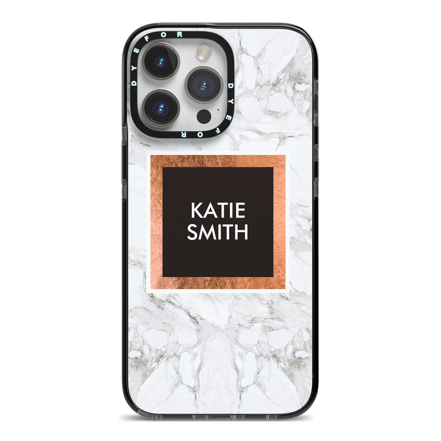 Personalised Marble Name Text Initials iPhone 14 Pro Max Black Impact Case on Silver phone