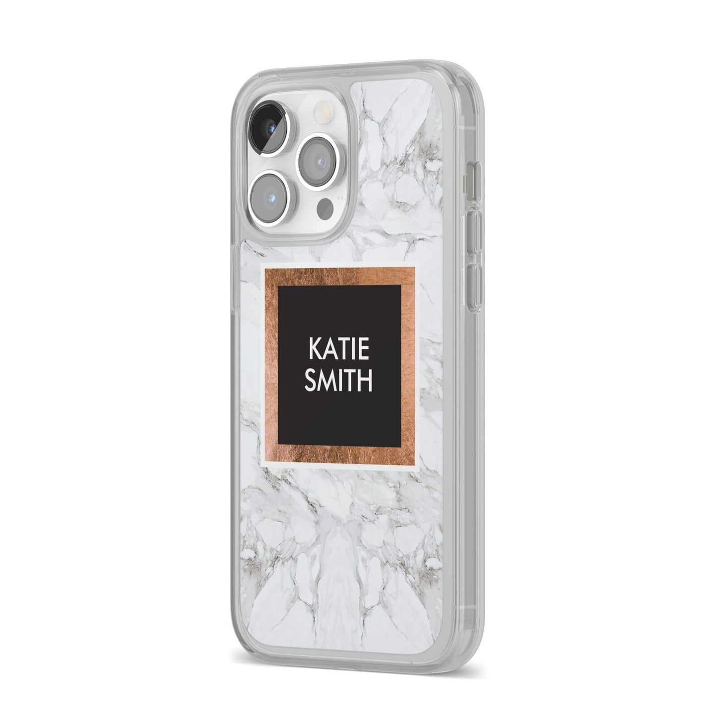 Personalised Marble Name Text Initials iPhone 14 Pro Max Clear Tough Case Silver Angled Image