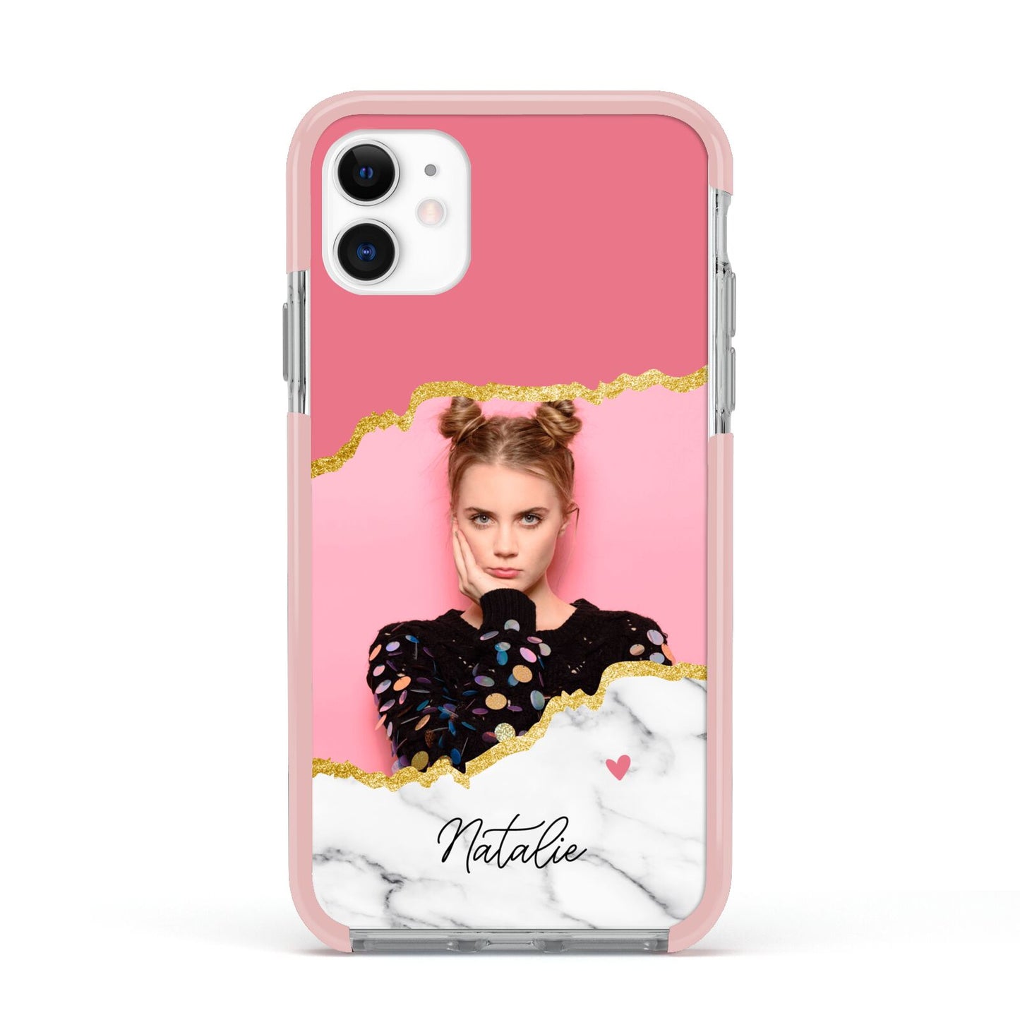 Personalised Marble Photo Apple iPhone 11 in White with Pink Impact Case