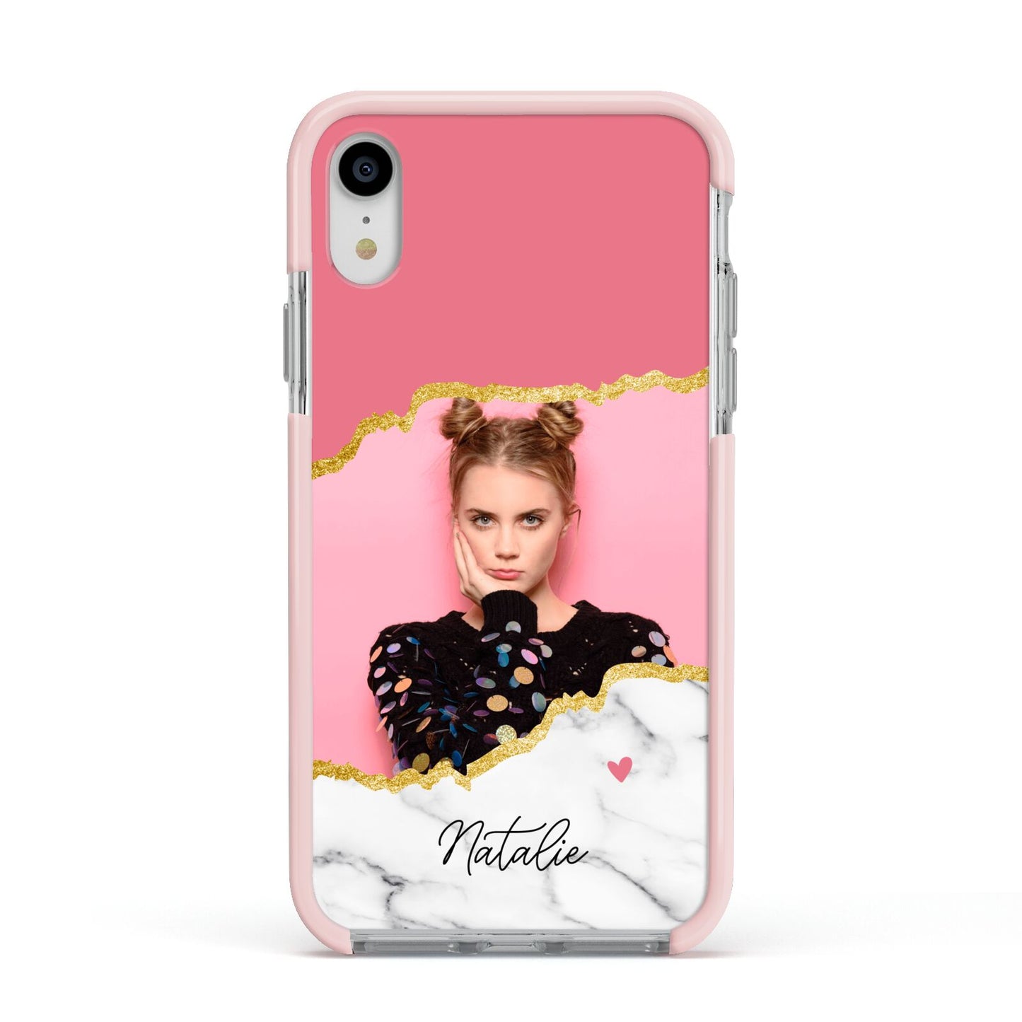 Personalised Marble Photo Apple iPhone XR Impact Case Pink Edge on Silver Phone