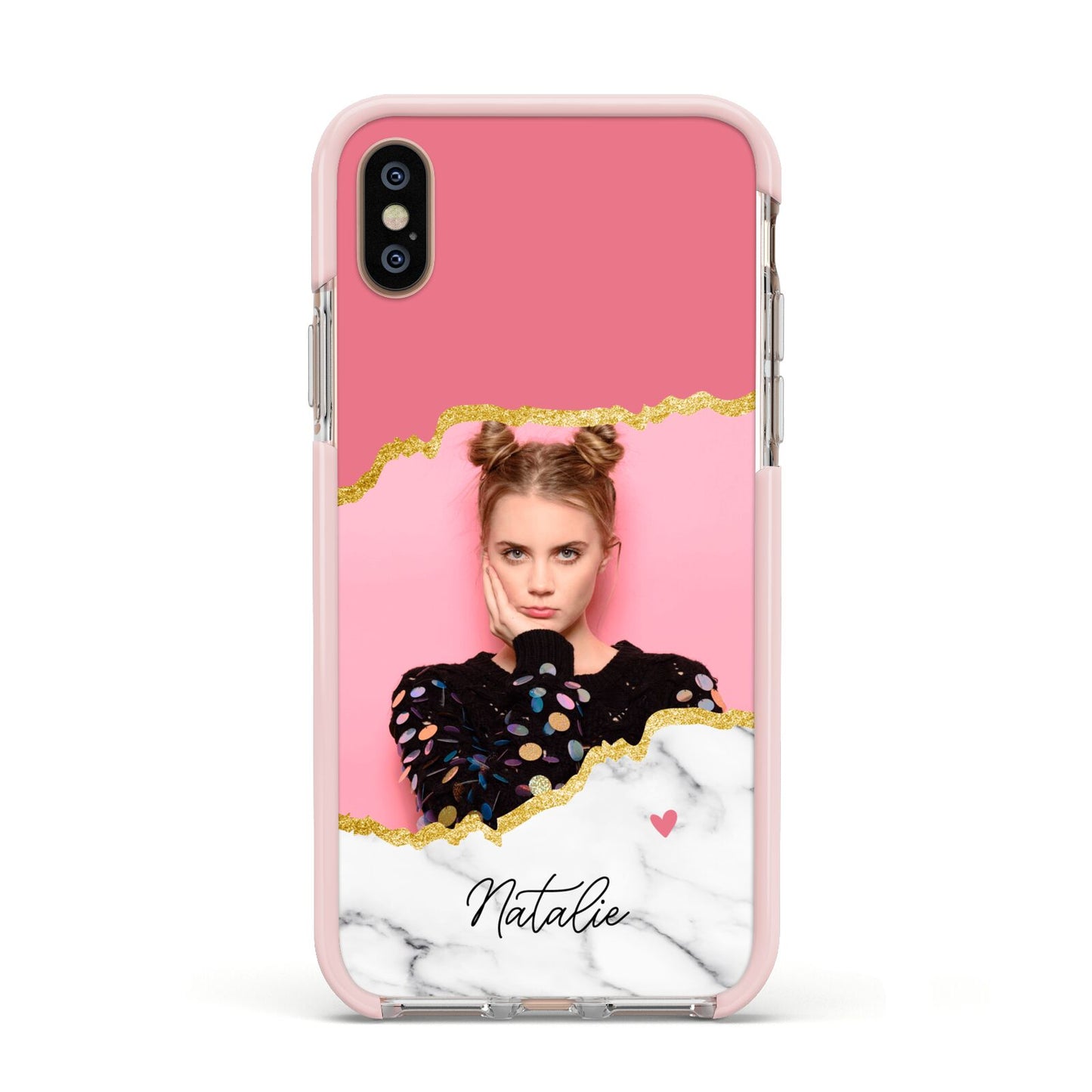 Personalised Marble Photo Apple iPhone Xs Impact Case Pink Edge on Gold Phone