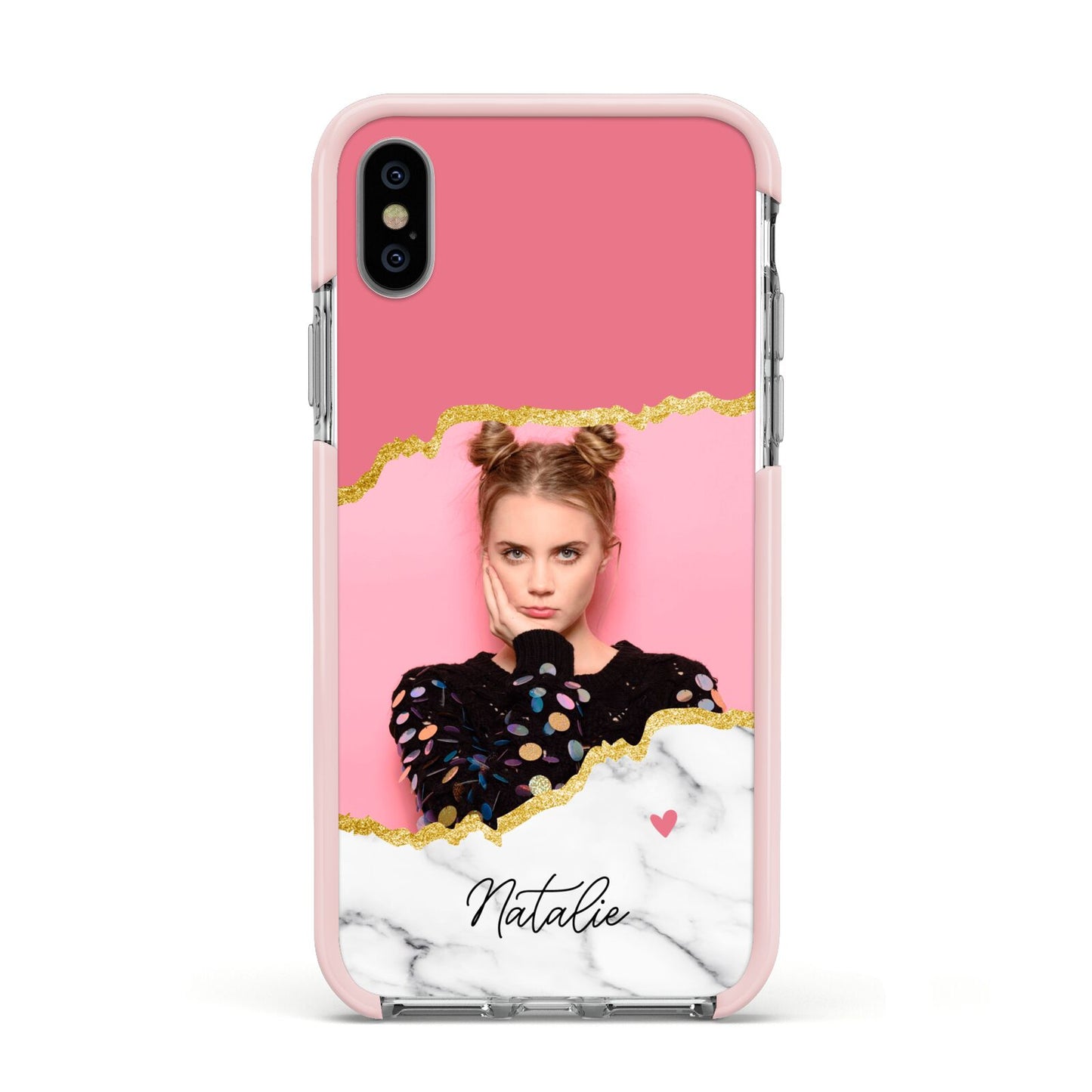 Personalised Marble Photo Apple iPhone Xs Impact Case Pink Edge on Silver Phone