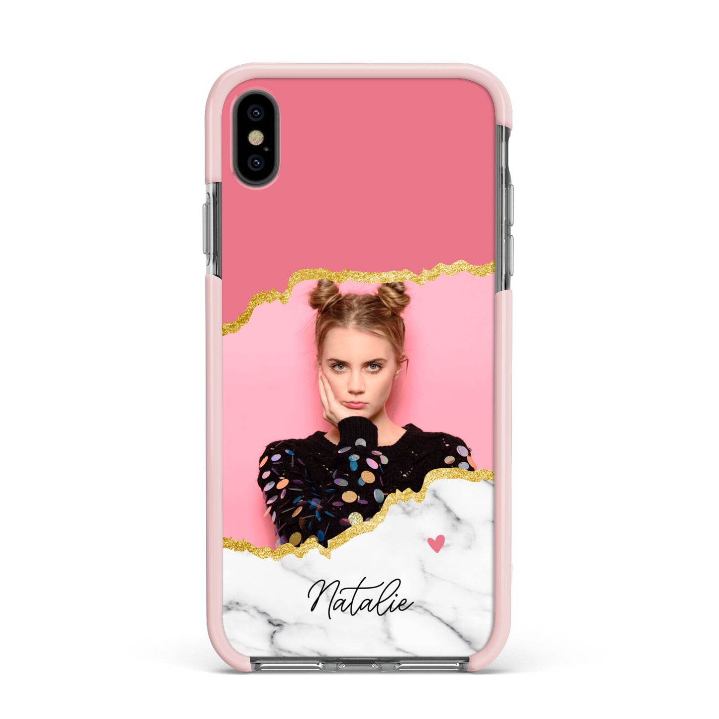 Personalised Marble Photo Apple iPhone Xs Max Impact Case Pink Edge on Black Phone