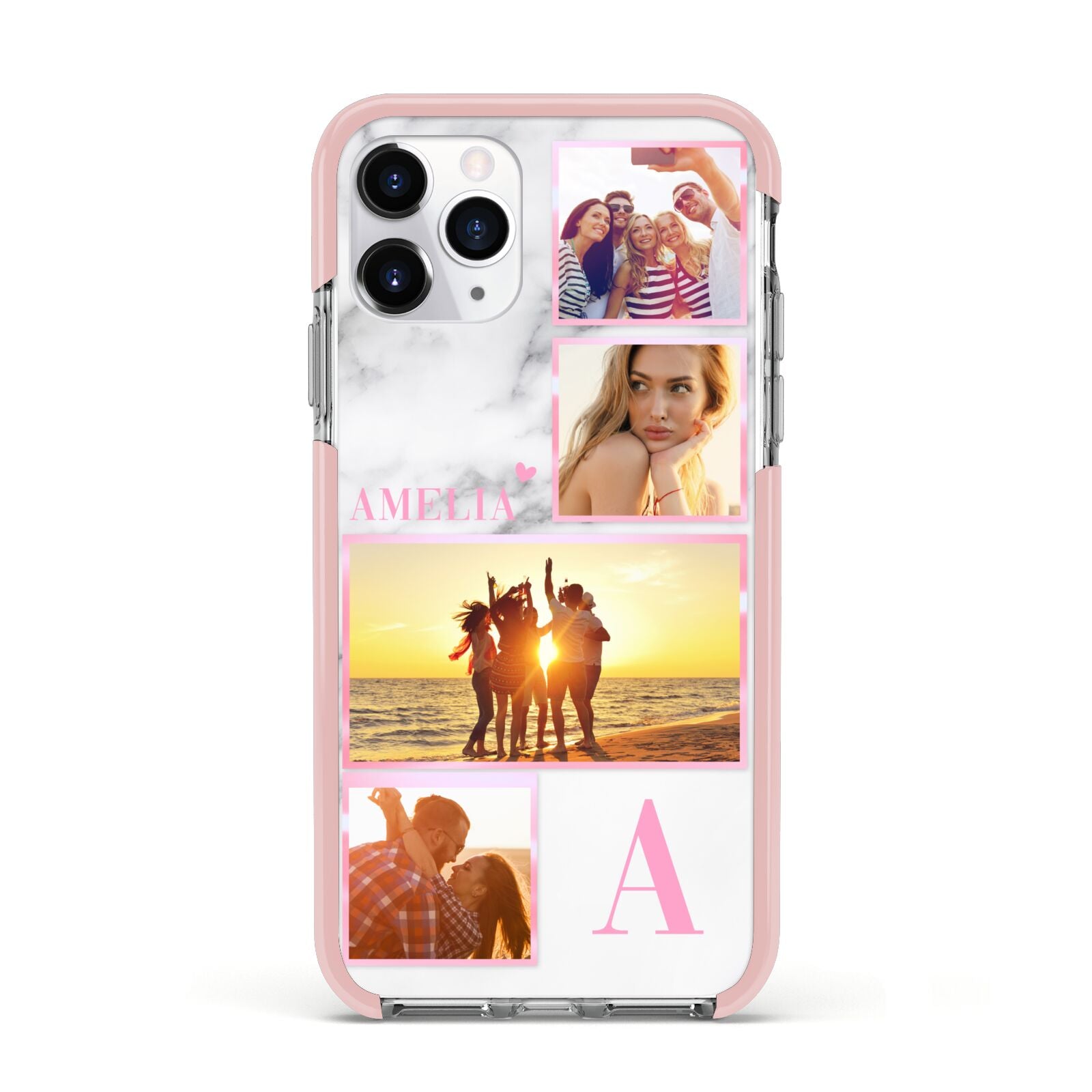 Personalised Marble Photo Collage Apple iPhone 11 Pro in Silver with Pink Impact Case