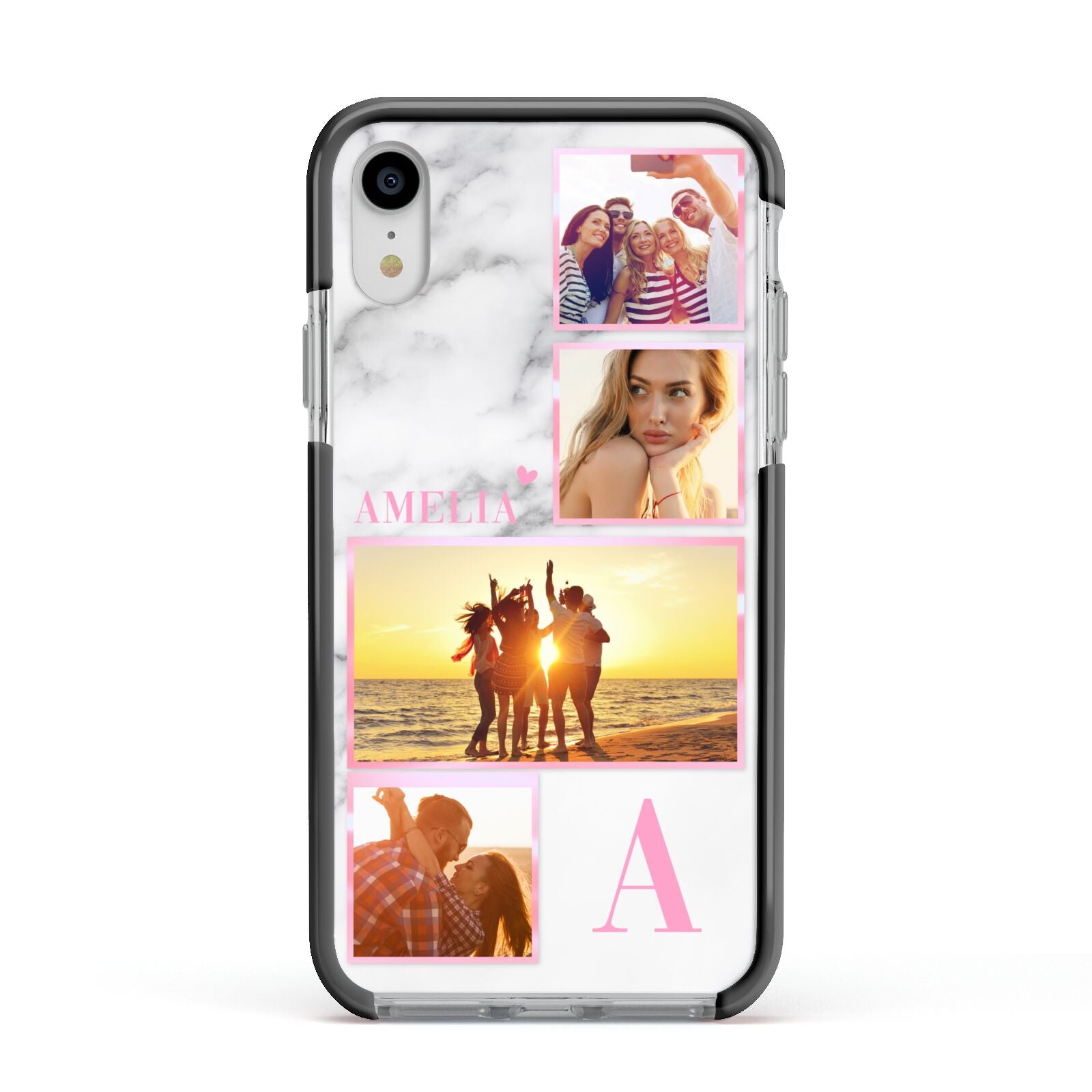 Personalised Marble Photo Collage Apple iPhone XR Impact Case Black Edge on Silver Phone