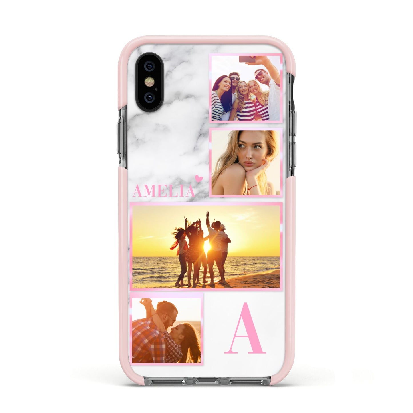Personalised Marble Photo Collage Apple iPhone Xs Impact Case Pink Edge on Black Phone