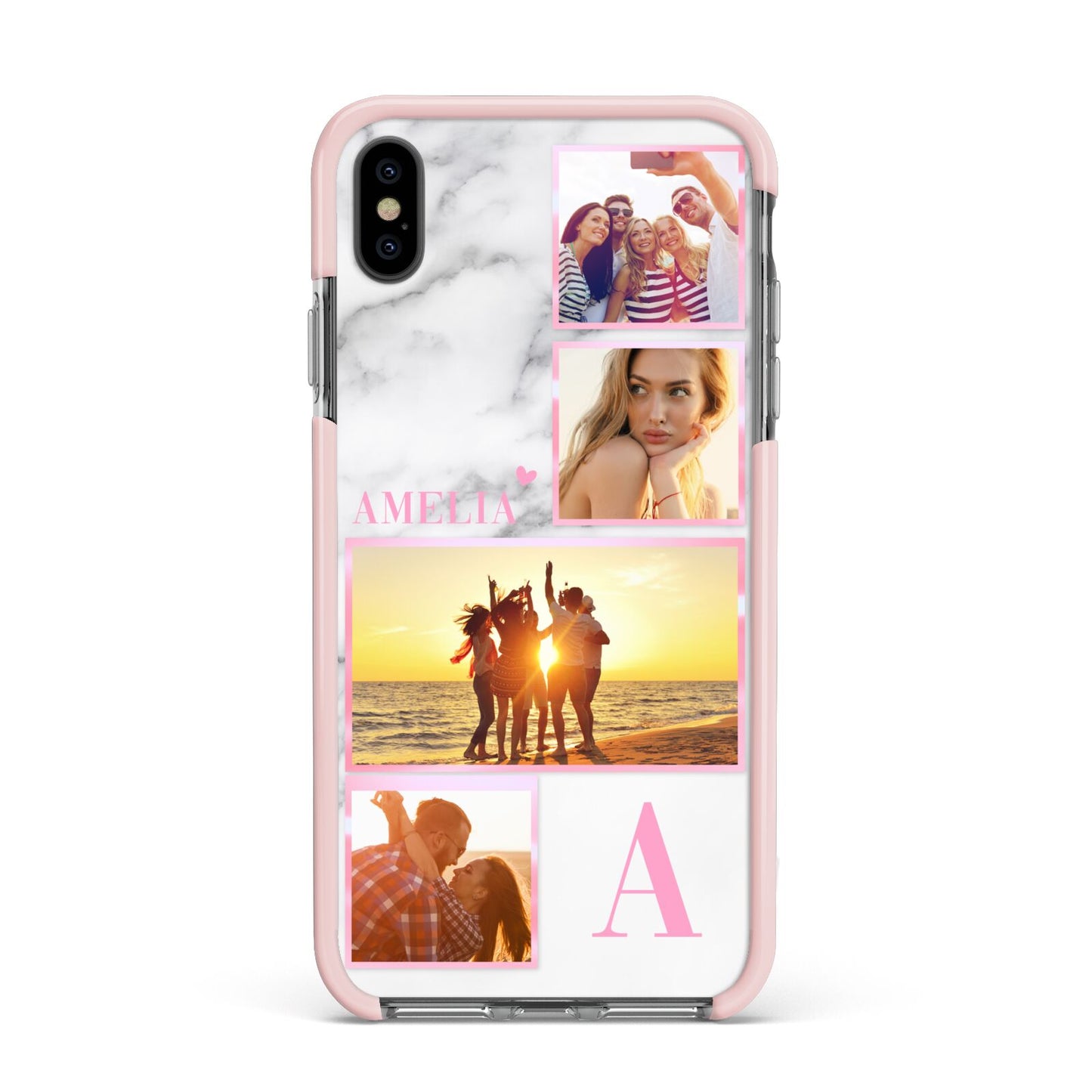 Personalised Marble Photo Collage Apple iPhone Xs Max Impact Case Pink Edge on Black Phone