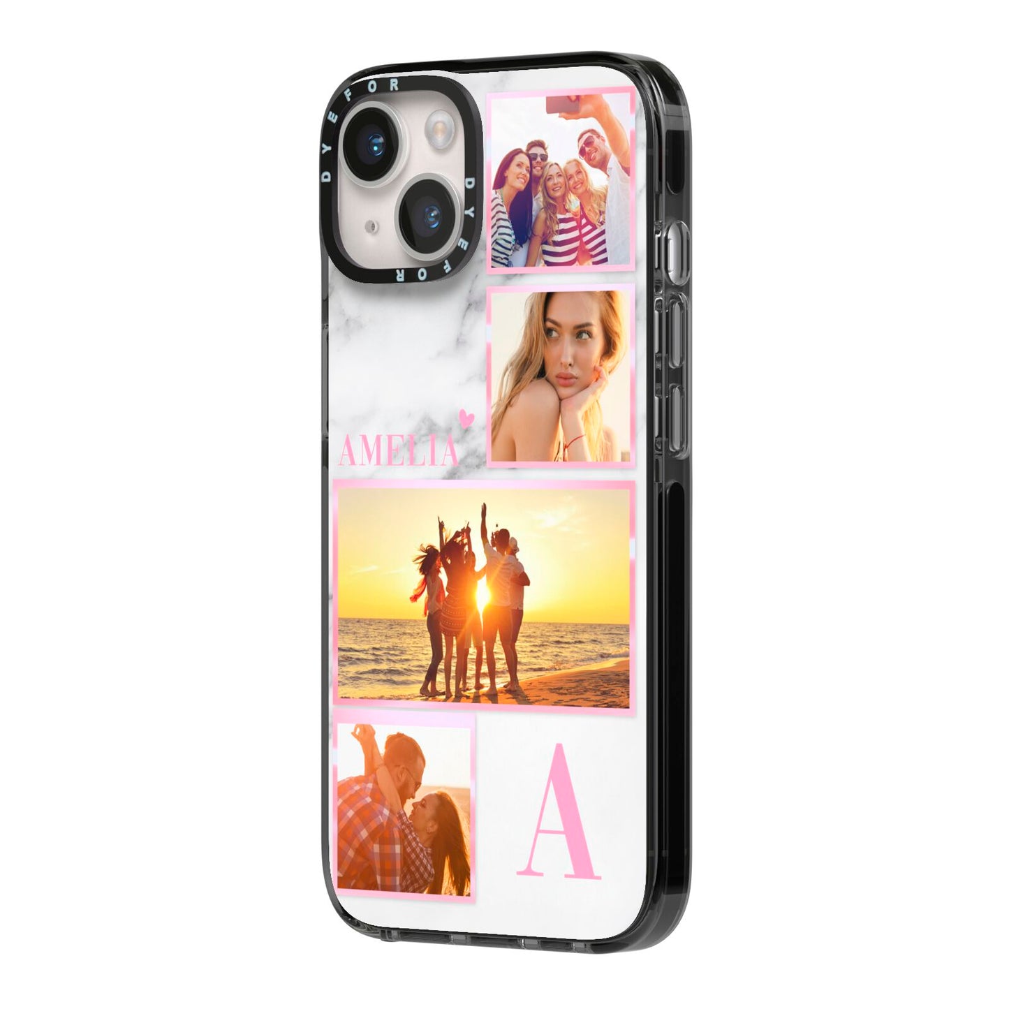 Personalised Marble Photo Collage iPhone 14 Black Impact Case Side Angle on Silver phone