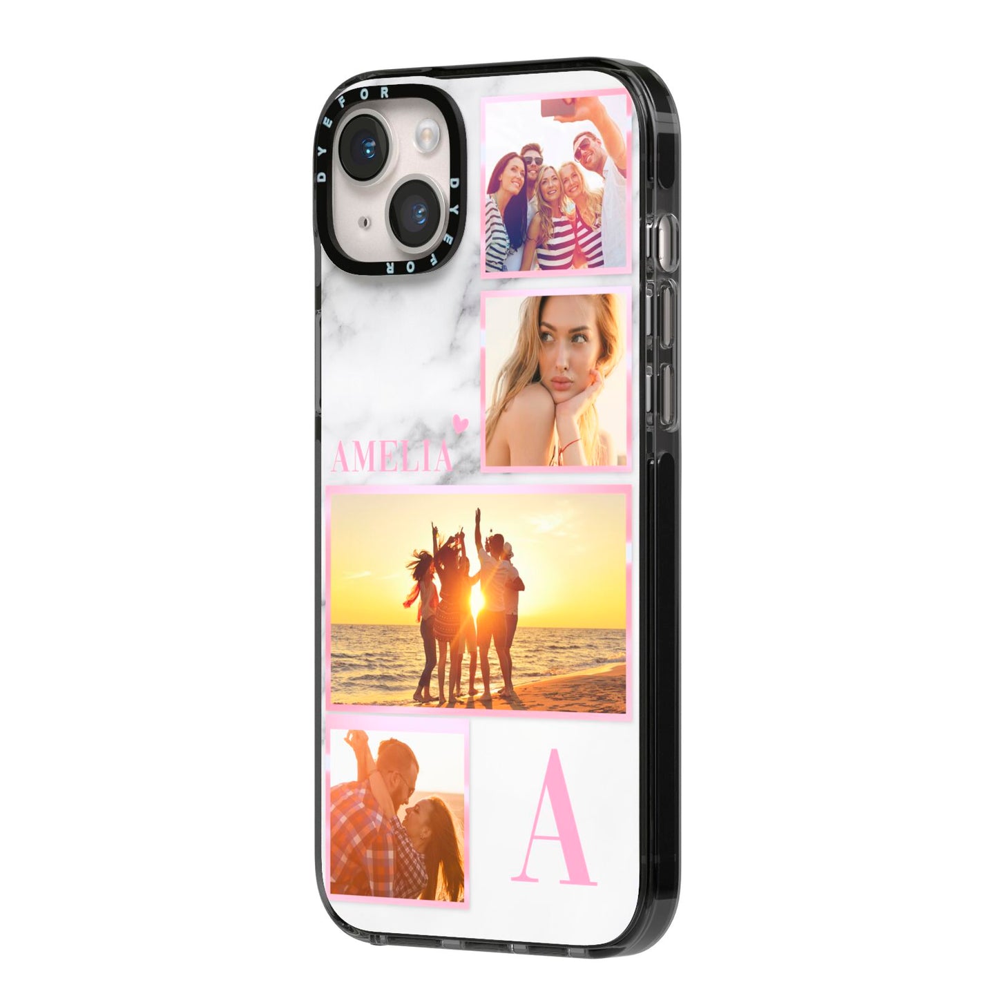 Personalised Marble Photo Collage iPhone 14 Plus Black Impact Case Side Angle on Silver phone