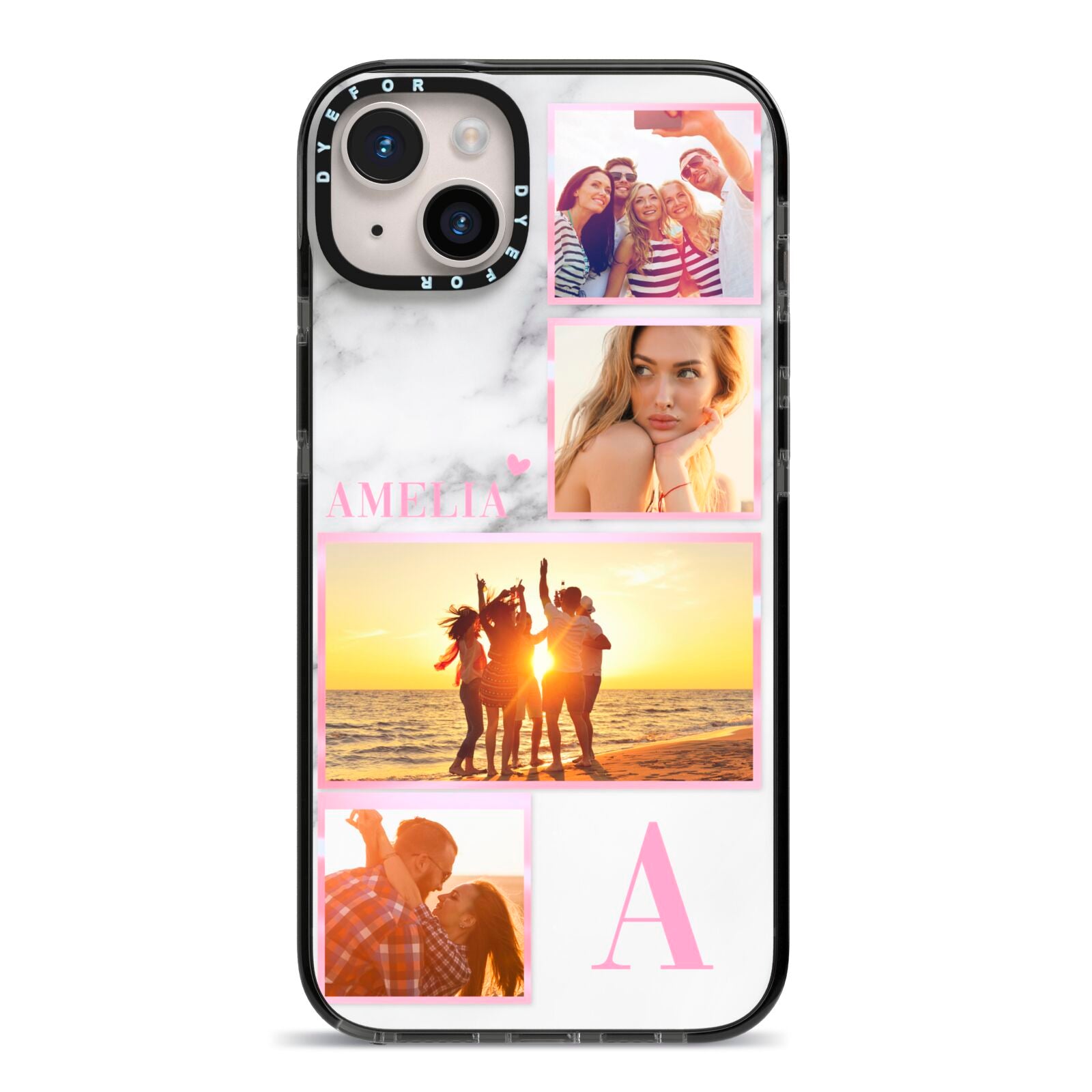 Personalised Marble Photo Collage iPhone 14 Plus Black Impact Case on Silver phone