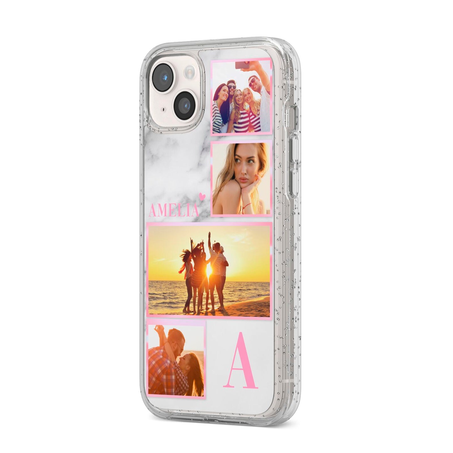 Personalised Marble Photo Collage iPhone 14 Plus Glitter Tough Case Starlight Angled Image