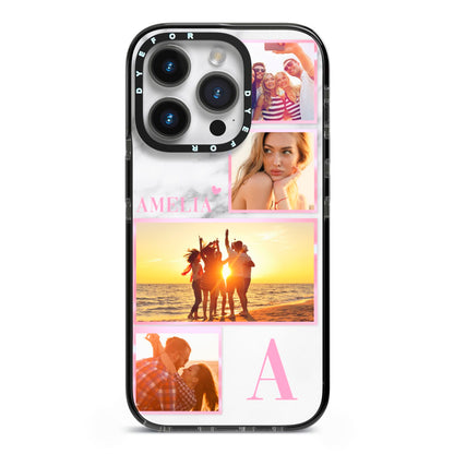 Personalised Marble Photo Collage iPhone 14 Pro Black Impact Case on Silver phone