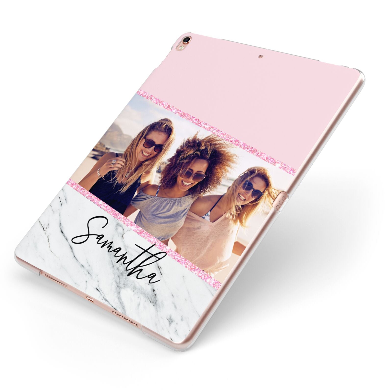 Personalised Marble Photo Name Apple iPad Case on Rose Gold iPad Side View