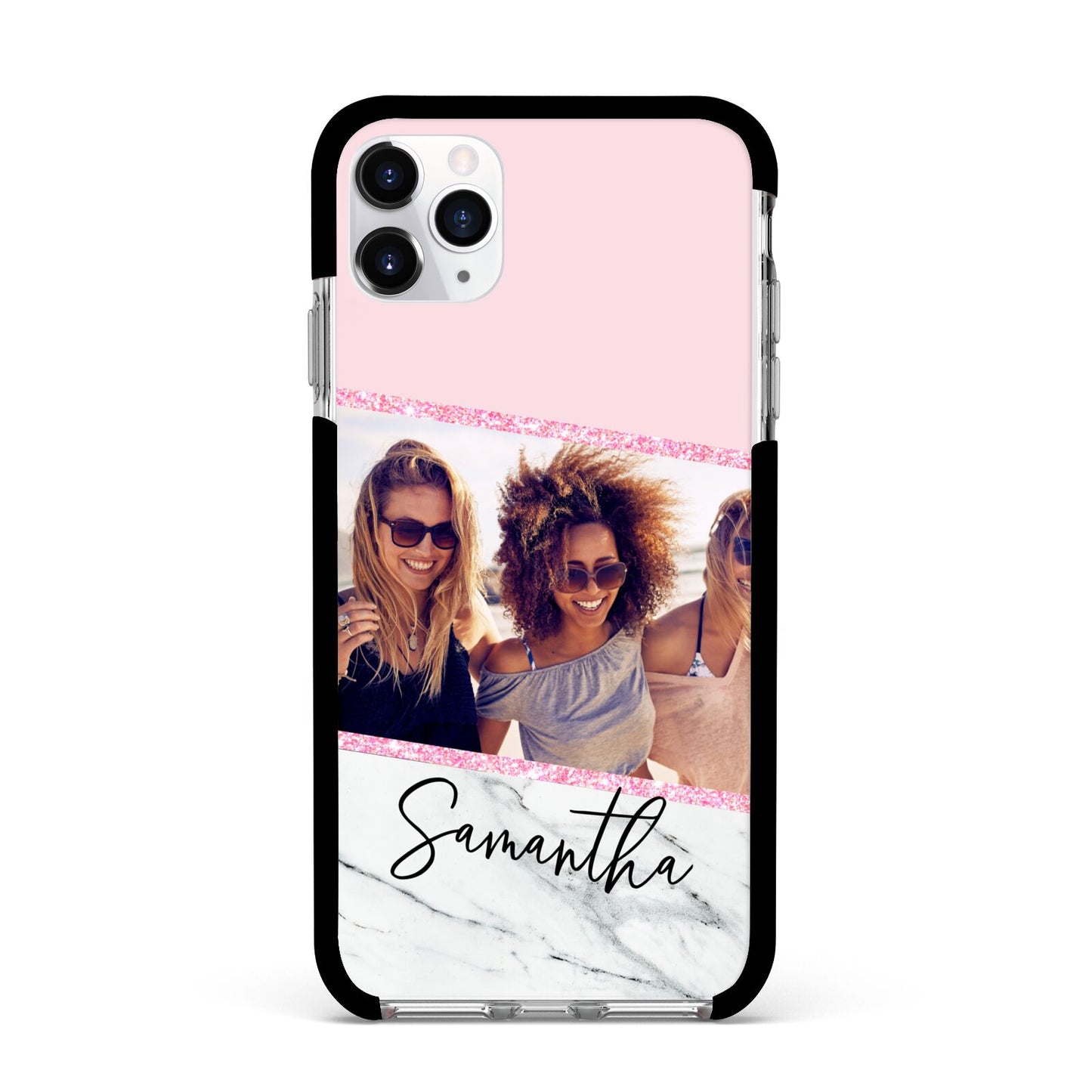 Personalised Marble Photo Name Apple iPhone 11 Pro Max in Silver with Black Impact Case