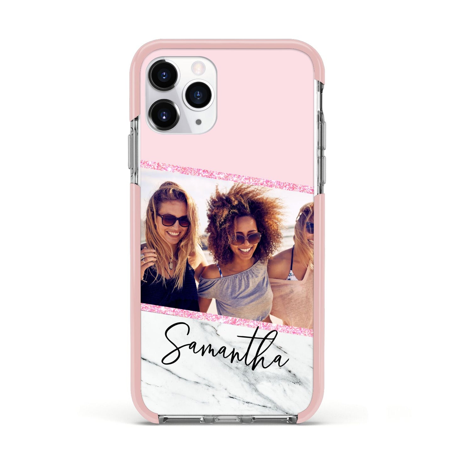 Personalised Marble Photo Name Apple iPhone 11 Pro in Silver with Pink Impact Case