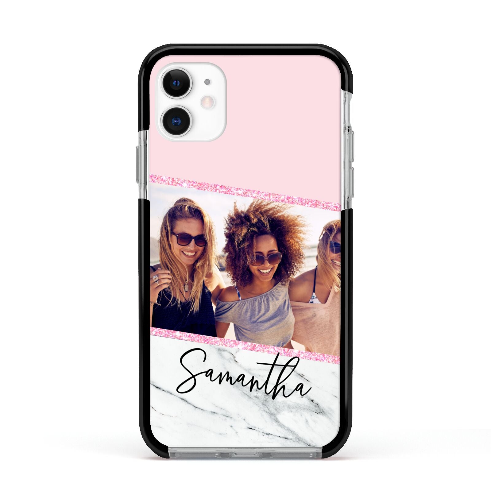 Personalised Marble Photo Name Apple iPhone 11 in White with Black Impact Case