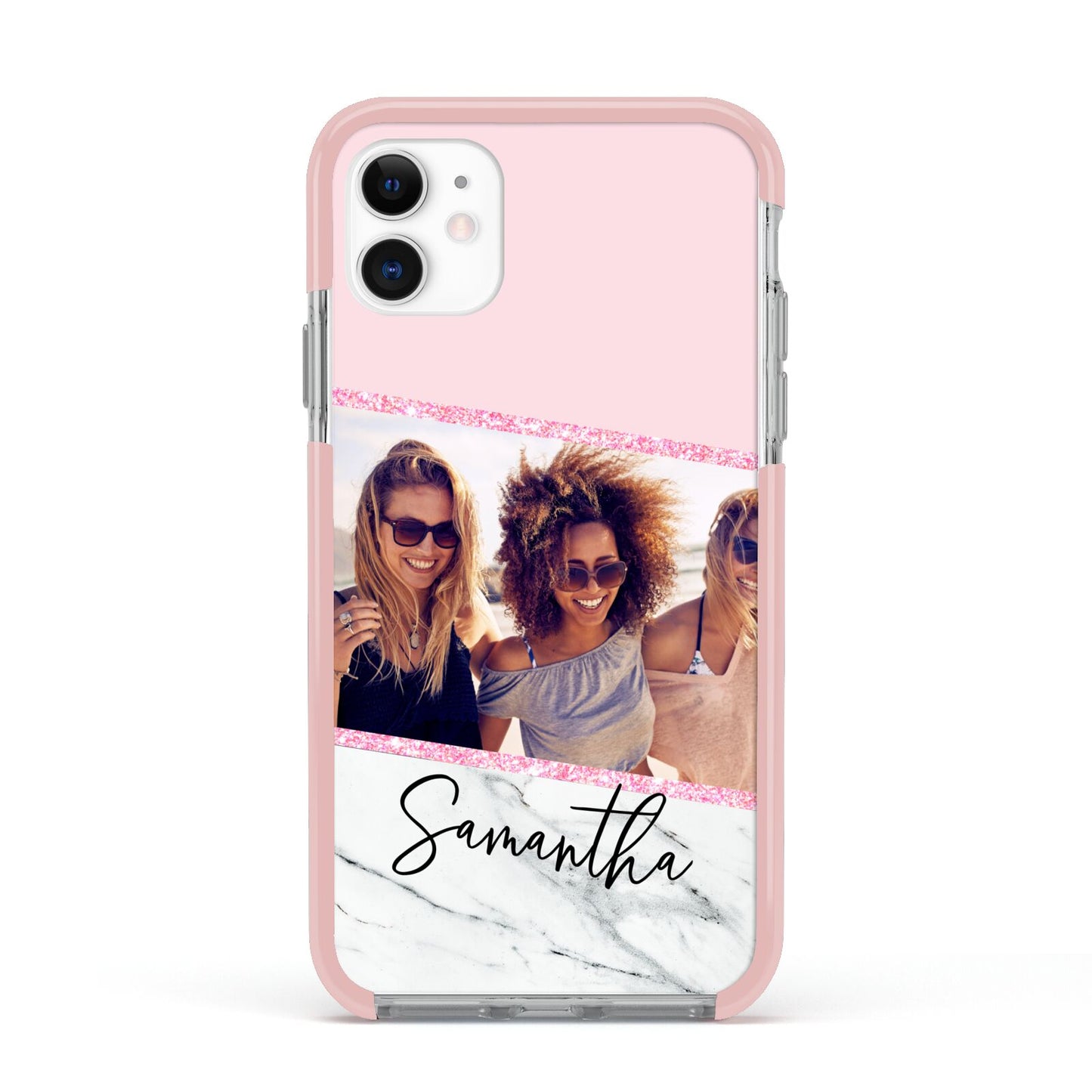 Personalised Marble Photo Name Apple iPhone 11 in White with Pink Impact Case