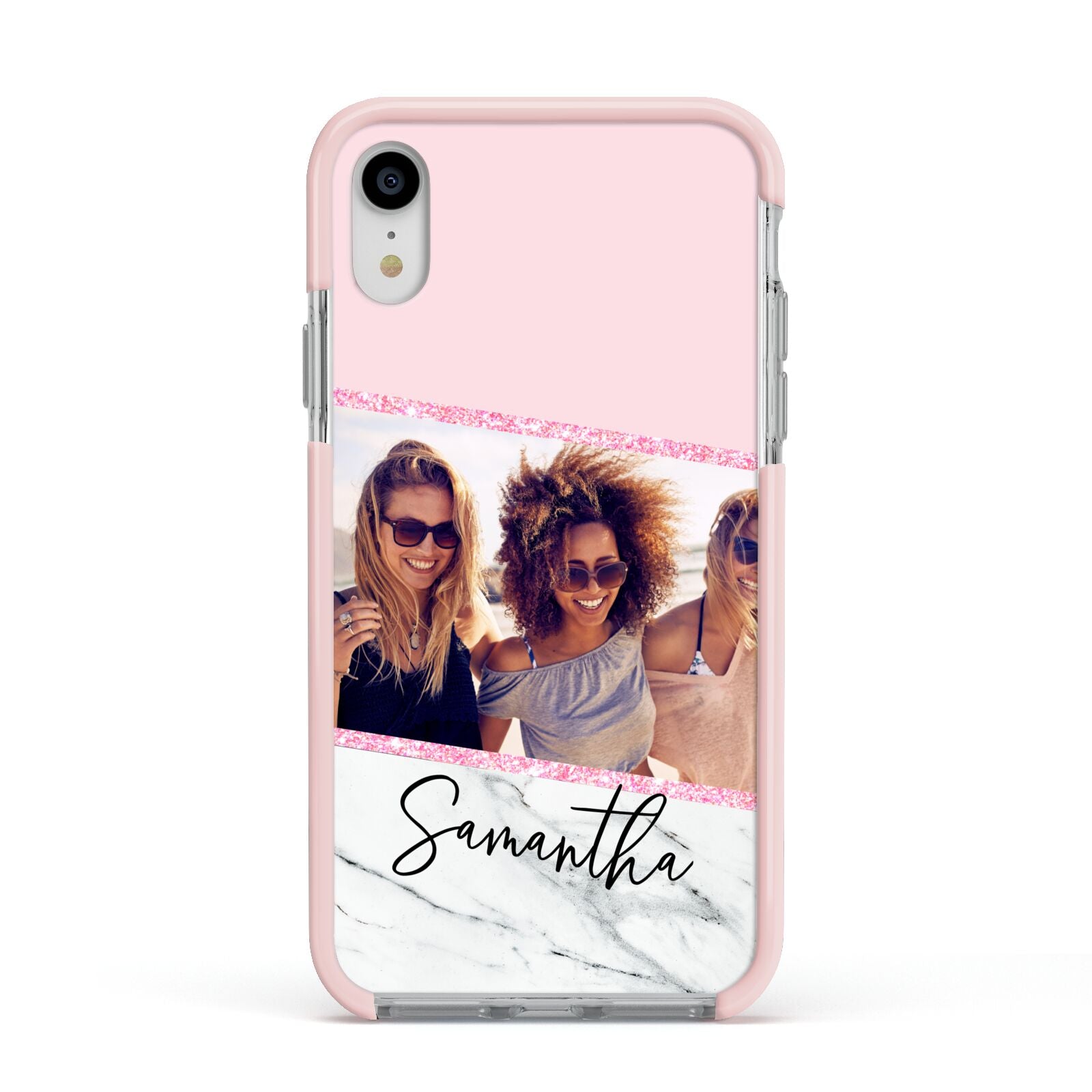 Personalised Marble Photo Name Apple iPhone XR Impact Case Pink Edge on Silver Phone