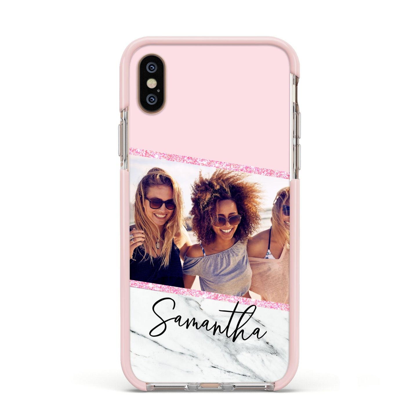 Personalised Marble Photo Name Apple iPhone Xs Impact Case Pink Edge on Gold Phone