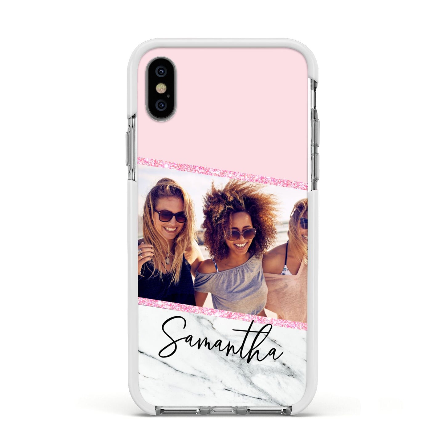 Personalised Marble Photo Name Apple iPhone Xs Impact Case White Edge on Silver Phone