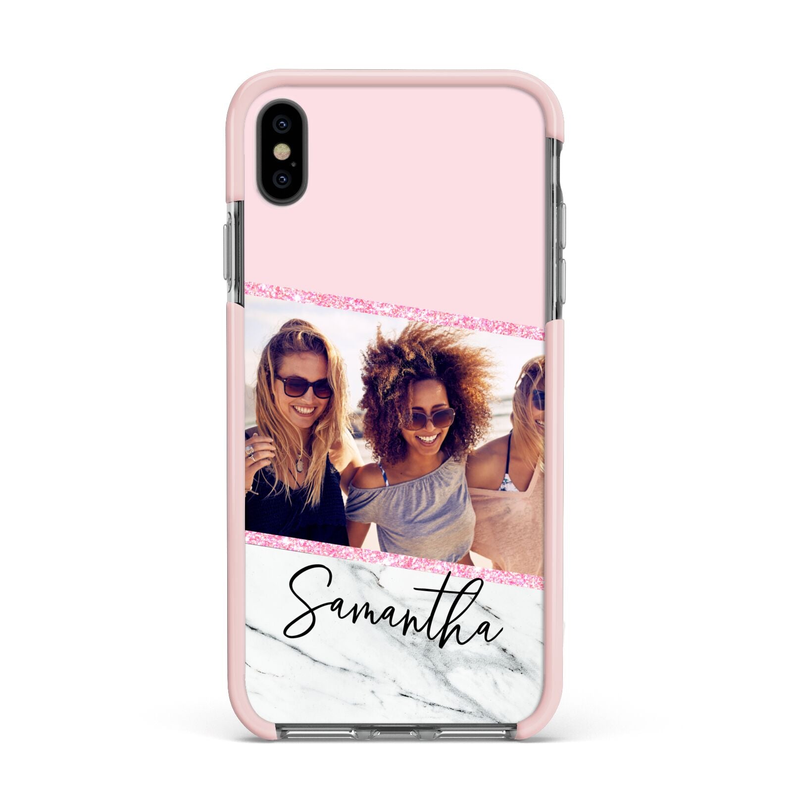 Personalised Marble Photo Name Apple iPhone Xs Max Impact Case Pink Edge on Black Phone