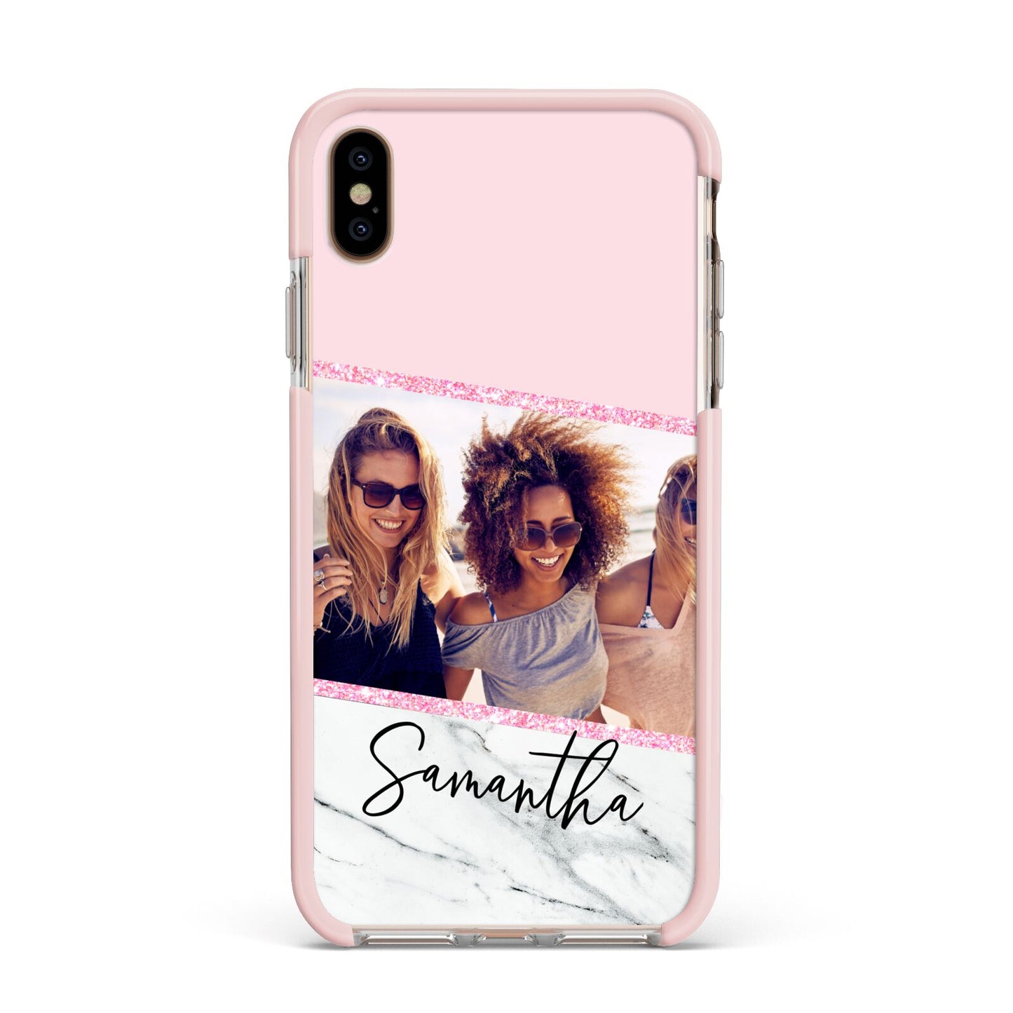Personalised Marble Photo Name Apple iPhone Xs Max Impact Case Pink Edge on Gold Phone