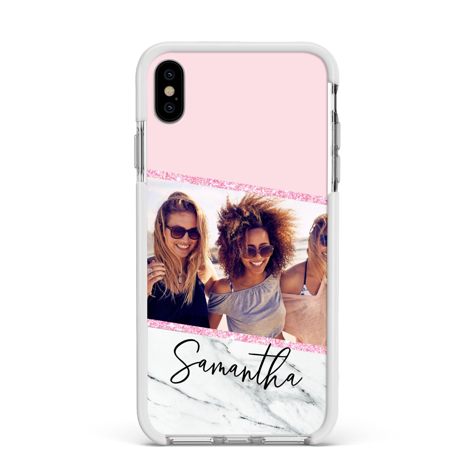 Personalised Marble Photo Name Apple iPhone Xs Max Impact Case White Edge on Silver Phone