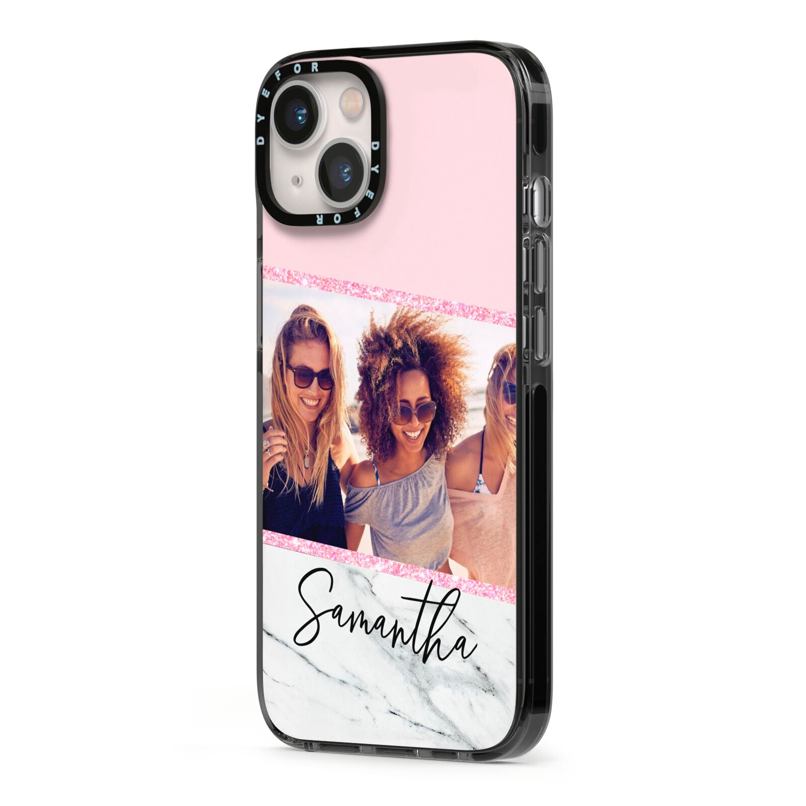 Personalised Marble Photo Name iPhone 13 Black Impact Case Side Angle on Silver phone