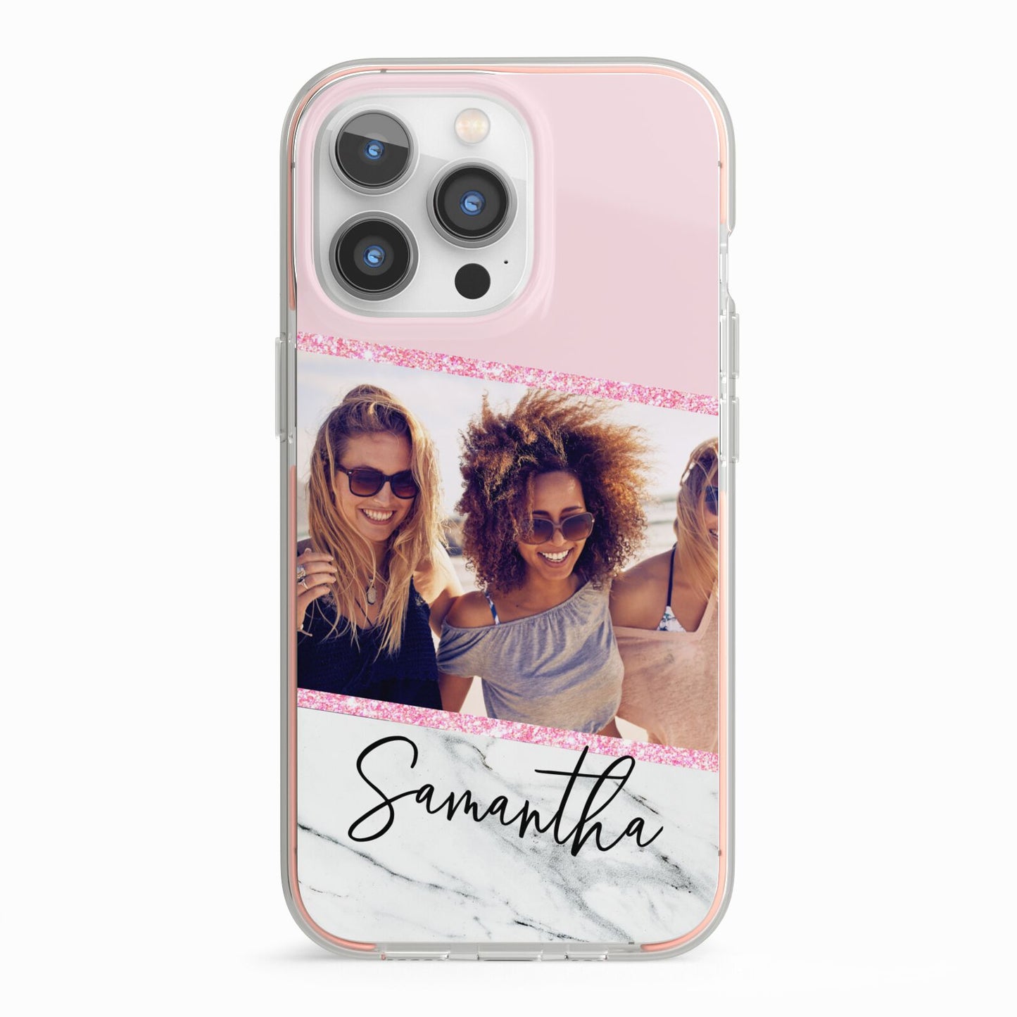 Personalised Marble Photo Name iPhone 13 Pro TPU Impact Case with Pink Edges