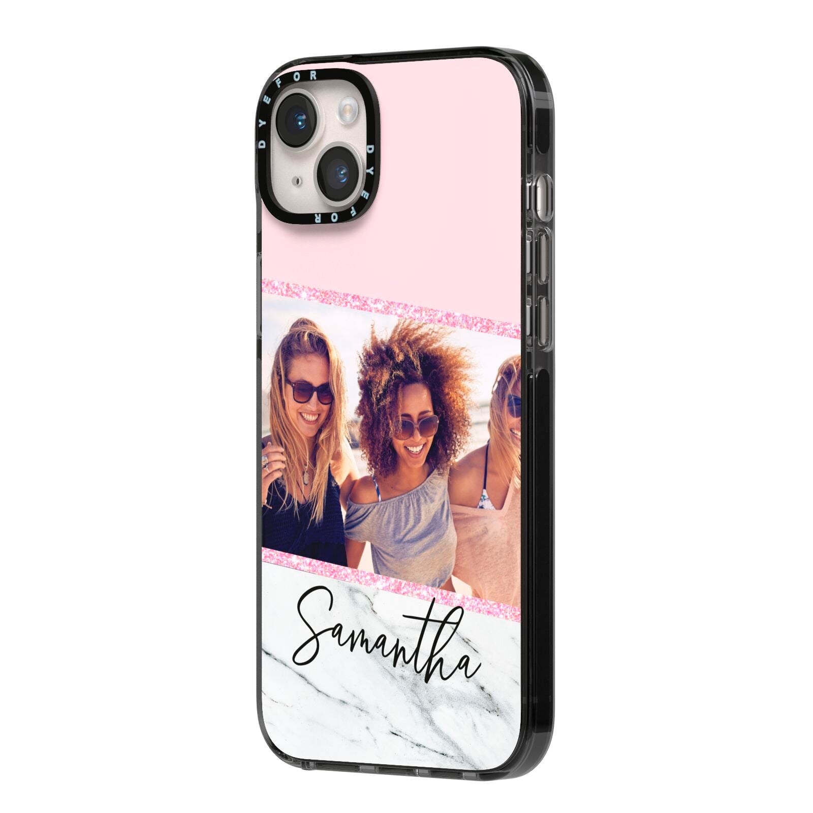 Personalised Marble Photo Name iPhone 14 Plus Black Impact Case Side Angle on Silver phone