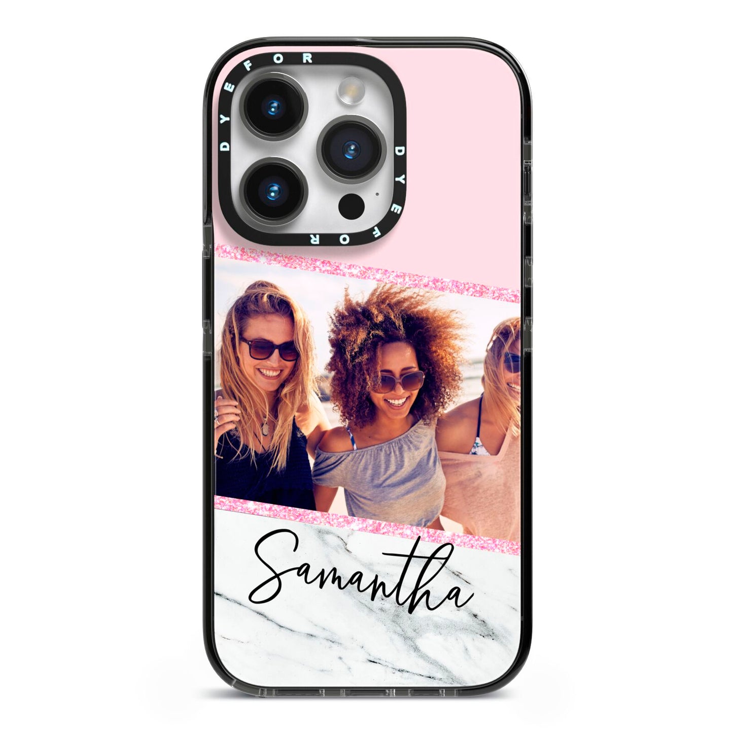 Personalised Marble Photo Name iPhone 14 Pro Black Impact Case on Silver phone