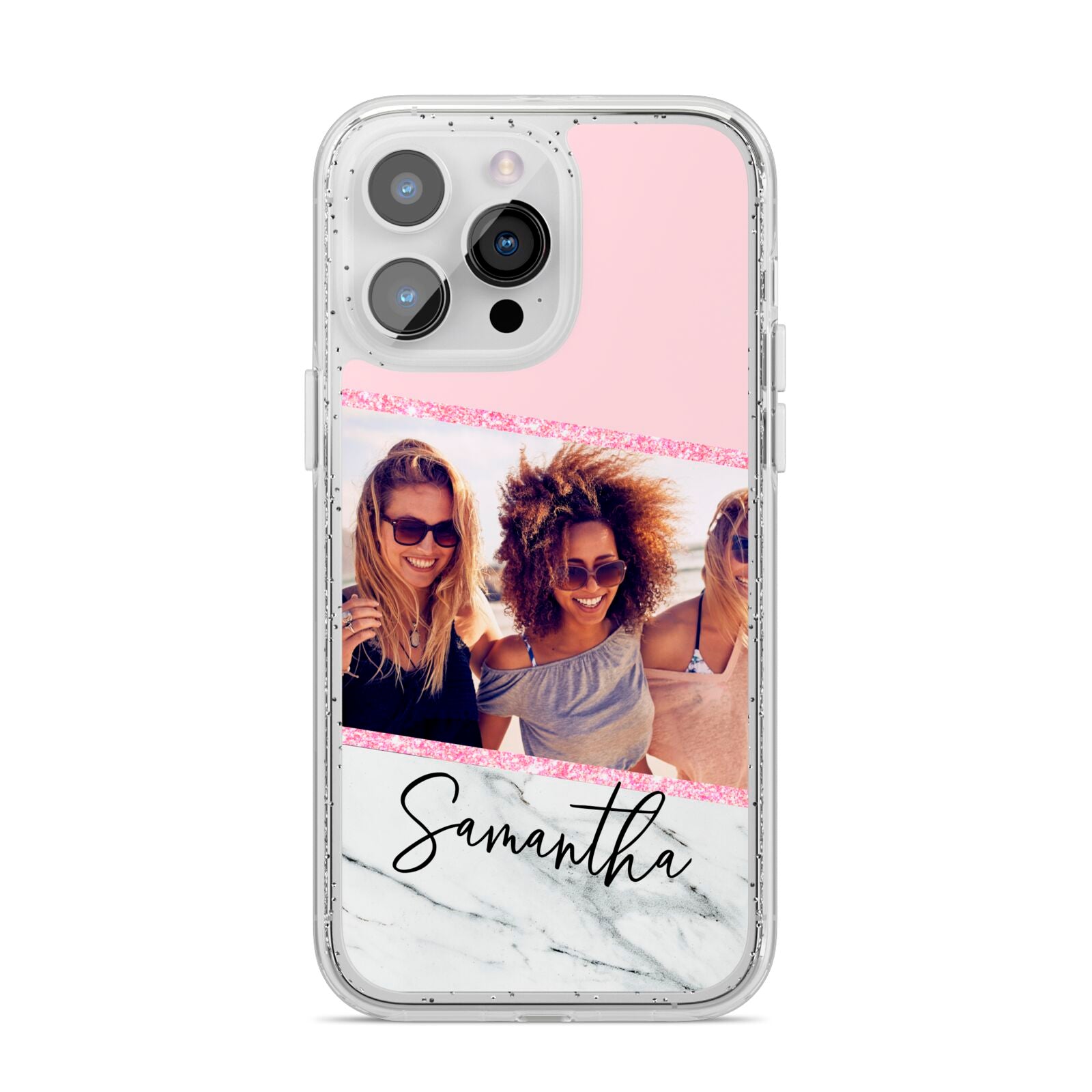 Personalised Marble Photo Name iPhone 14 Pro Max Glitter Tough Case Silver