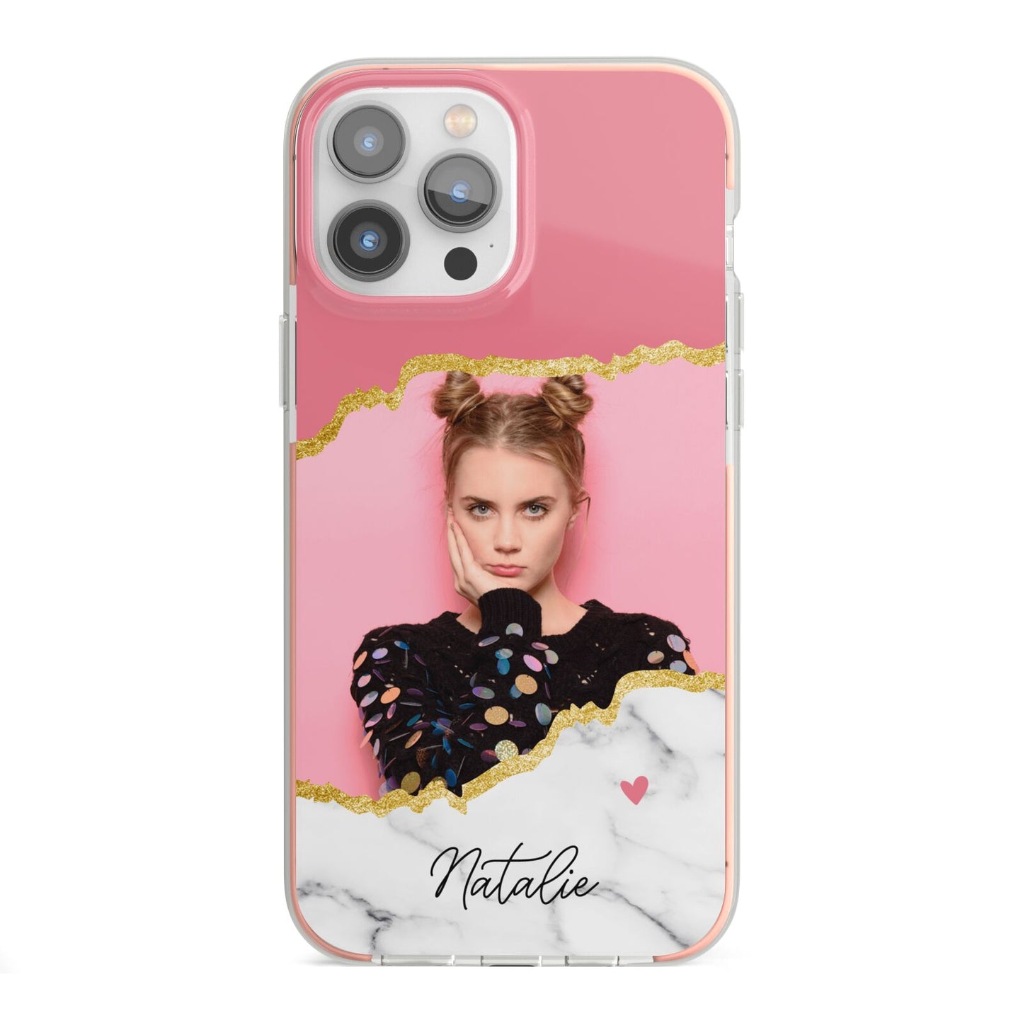 Personalised Marble Photo iPhone 13 Pro Max TPU Impact Case with Pink Edges
