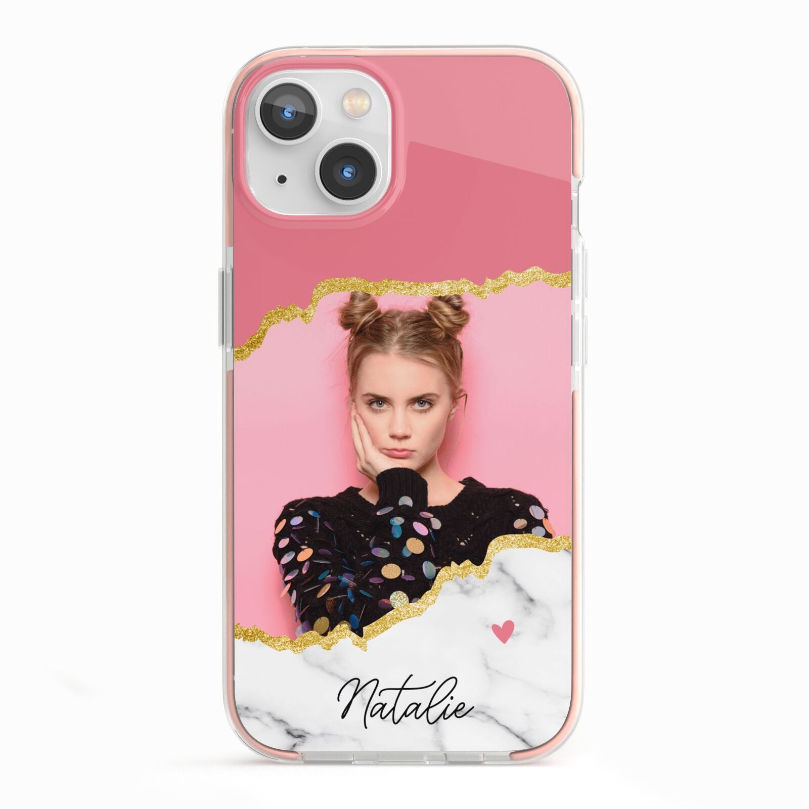 Personalised Marble Photo iPhone 13 TPU Impact Case with Pink Edges