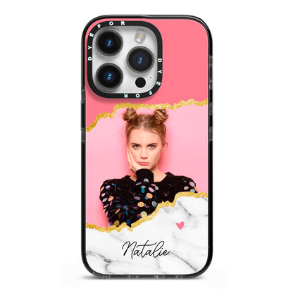 Personalised Marble Photo iPhone 14 Pro Black Impact Case on Silver phone