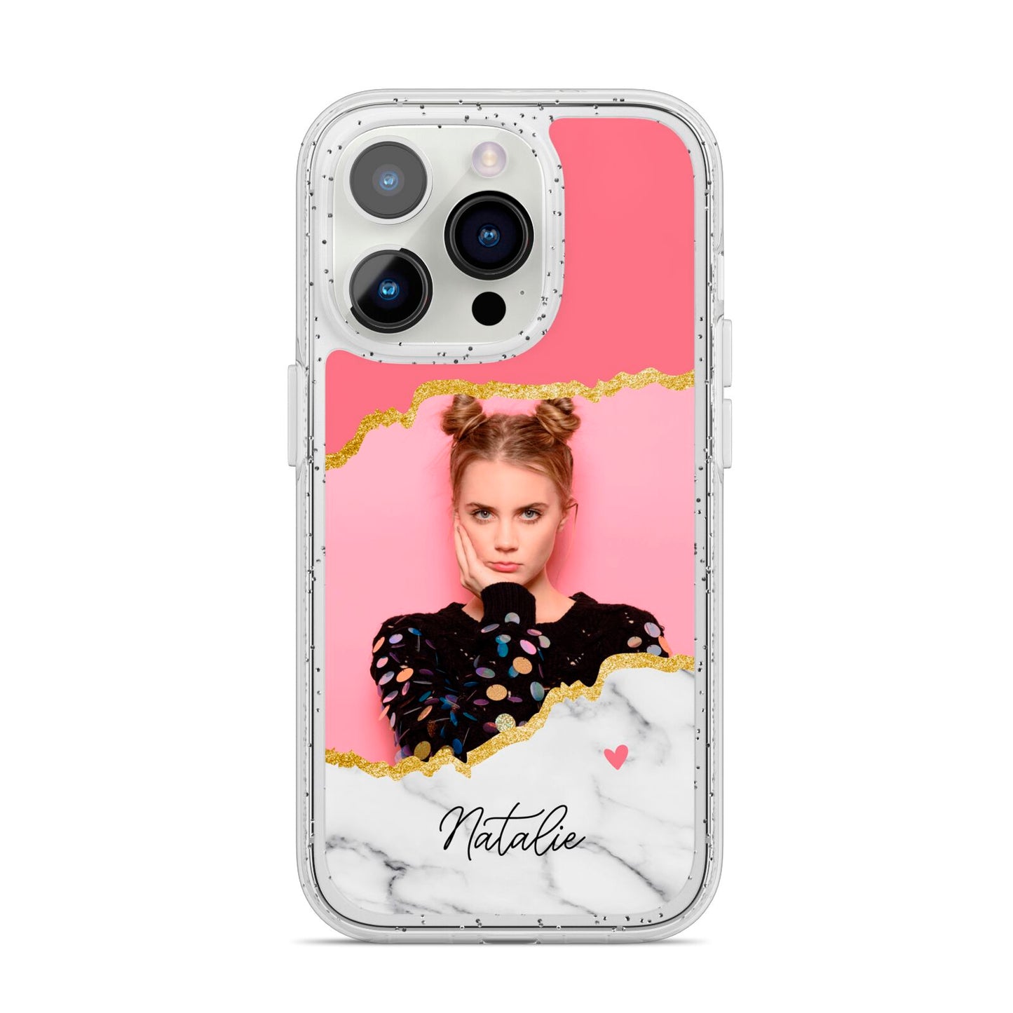 Personalised Marble Photo iPhone 14 Pro Glitter Tough Case Silver