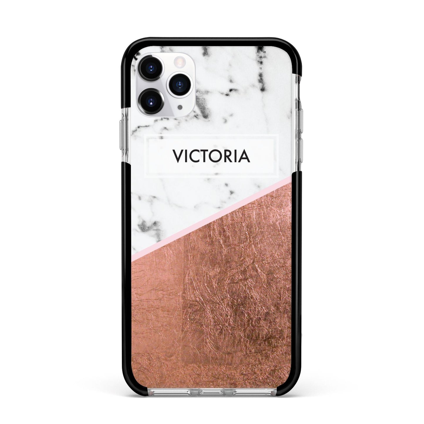 Personalised Marble Rose Gold Name Initials Apple iPhone 11 Pro Max in Silver with Black Impact Case