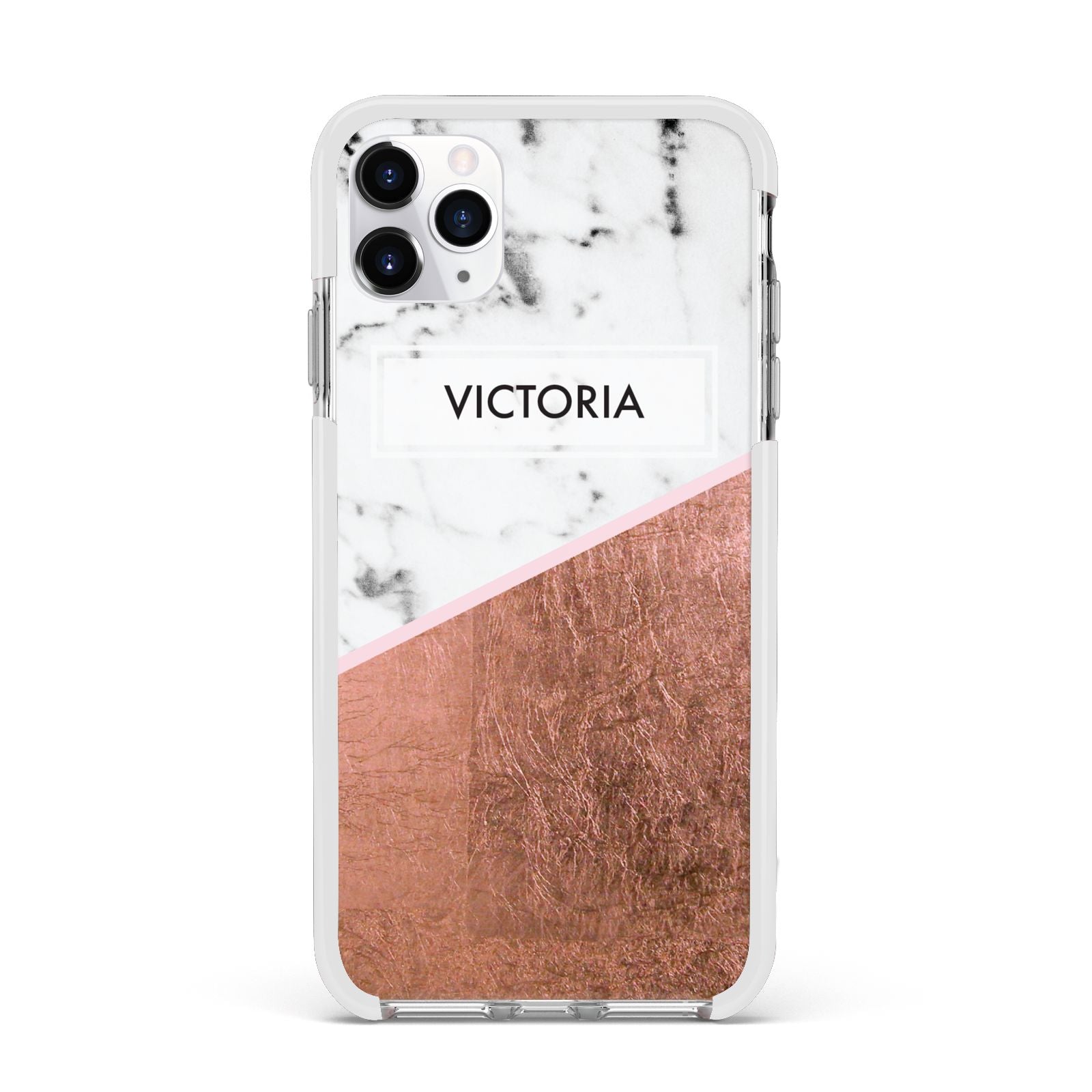 Personalised Marble Rose Gold Name Initials Apple iPhone 11 Pro Max in Silver with White Impact Case