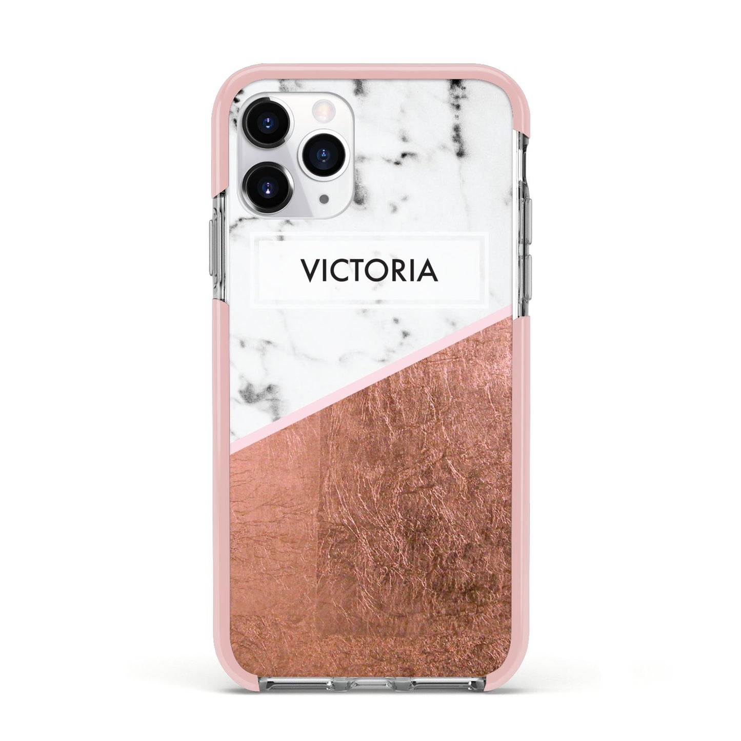 Personalised Marble Rose Gold Name Initials Apple iPhone 11 Pro in Silver with Pink Impact Case