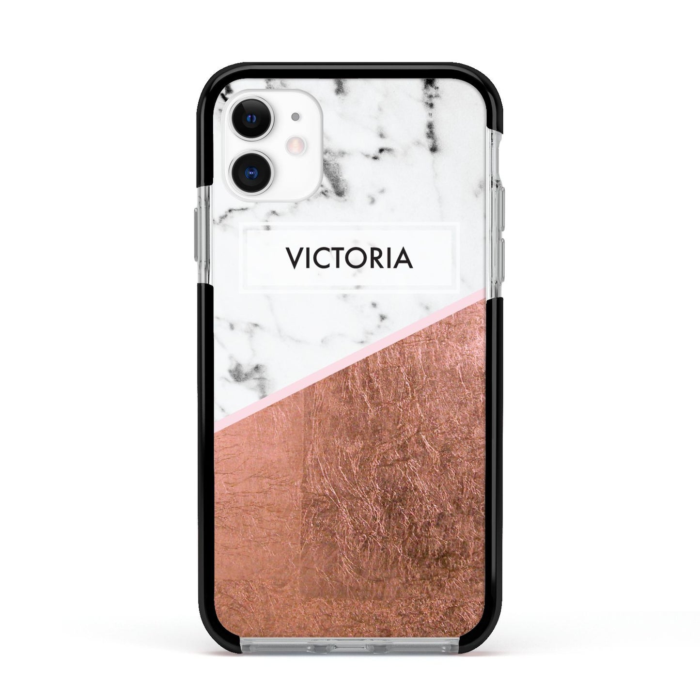 Personalised Marble Rose Gold Name Initials Apple iPhone 11 in White with Black Impact Case