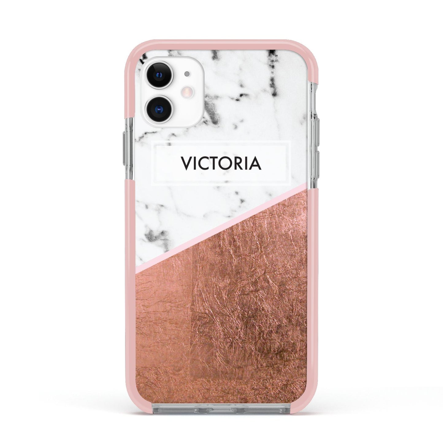 Personalised Marble Rose Gold Name Initials Apple iPhone 11 in White with Pink Impact Case