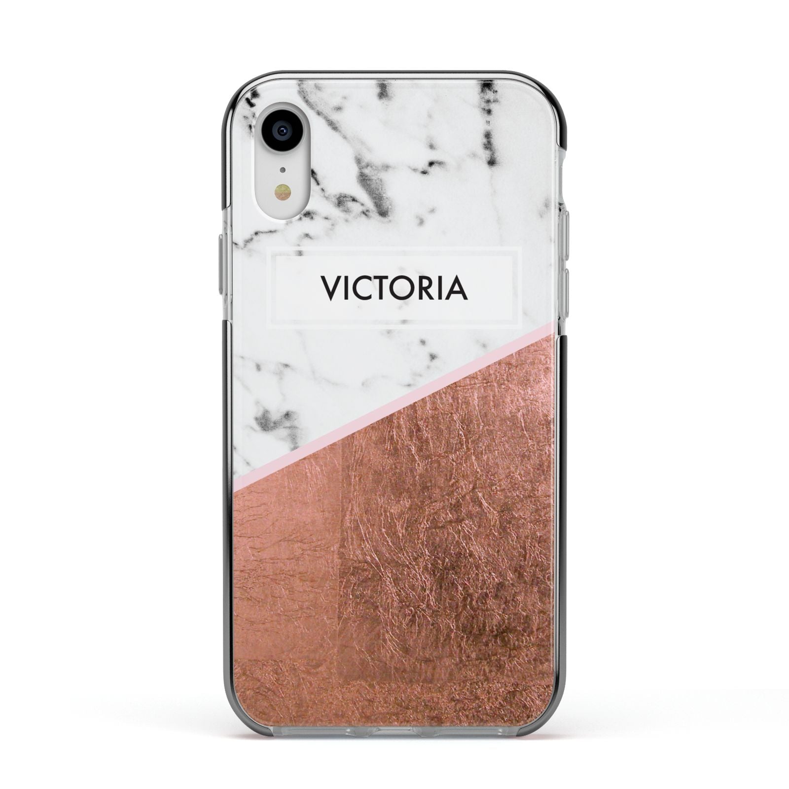 Personalised Marble Rose Gold Name Initials Apple iPhone XR Impact Case Black Edge on Silver Phone