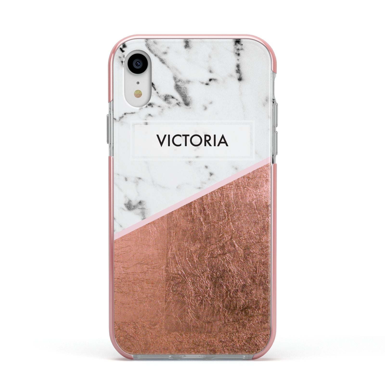Personalised Marble Rose Gold Name Initials Apple iPhone XR Impact Case Pink Edge on Silver Phone