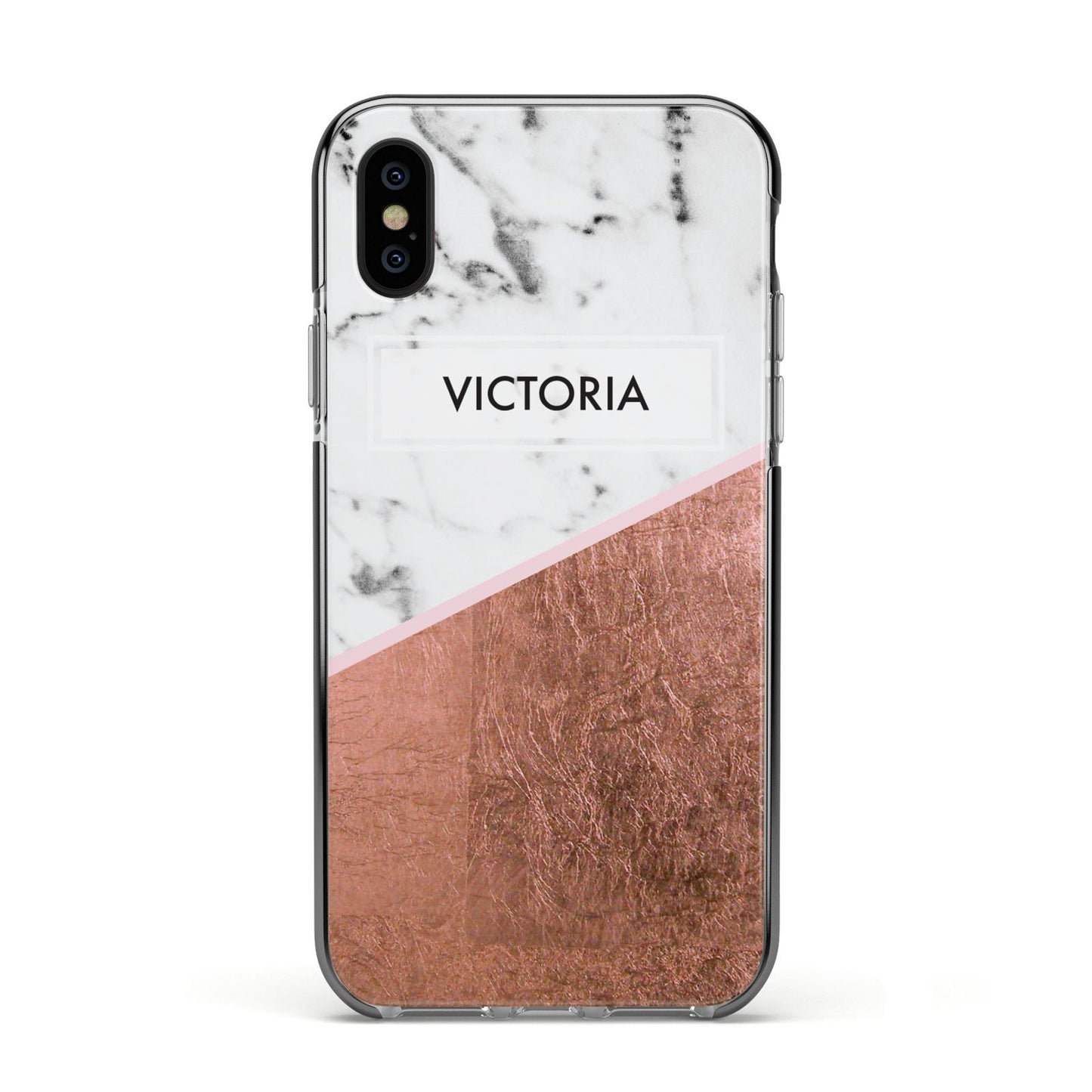 Personalised Marble Rose Gold Name Initials Apple iPhone Xs Impact Case Black Edge on Black Phone