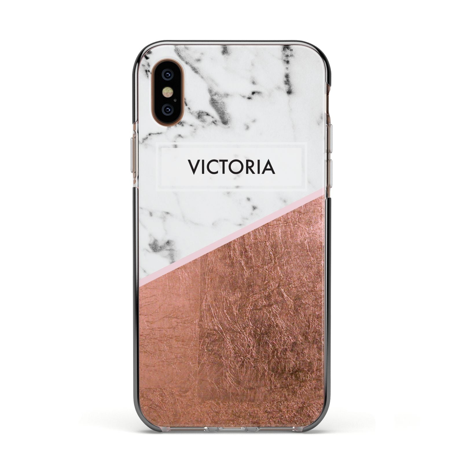 Personalised Marble Rose Gold Name Initials Apple iPhone Xs Impact Case Black Edge on Gold Phone